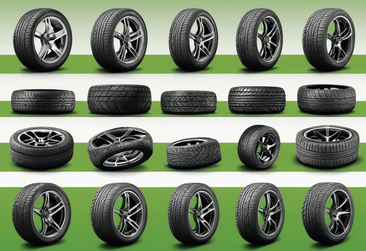 A visually striking collage featuring various types of tires, emphasizing performance and quality. Showcase a sport tire on a racetrack, an all-terrain tire in rugged landscapes, and an eco-friendly tire against a green background. Include infographics highlighting key tire features and benefits. The overall mood should convey reliability and expertise in tire selection. super-realistic. vibrant colors. white background.
