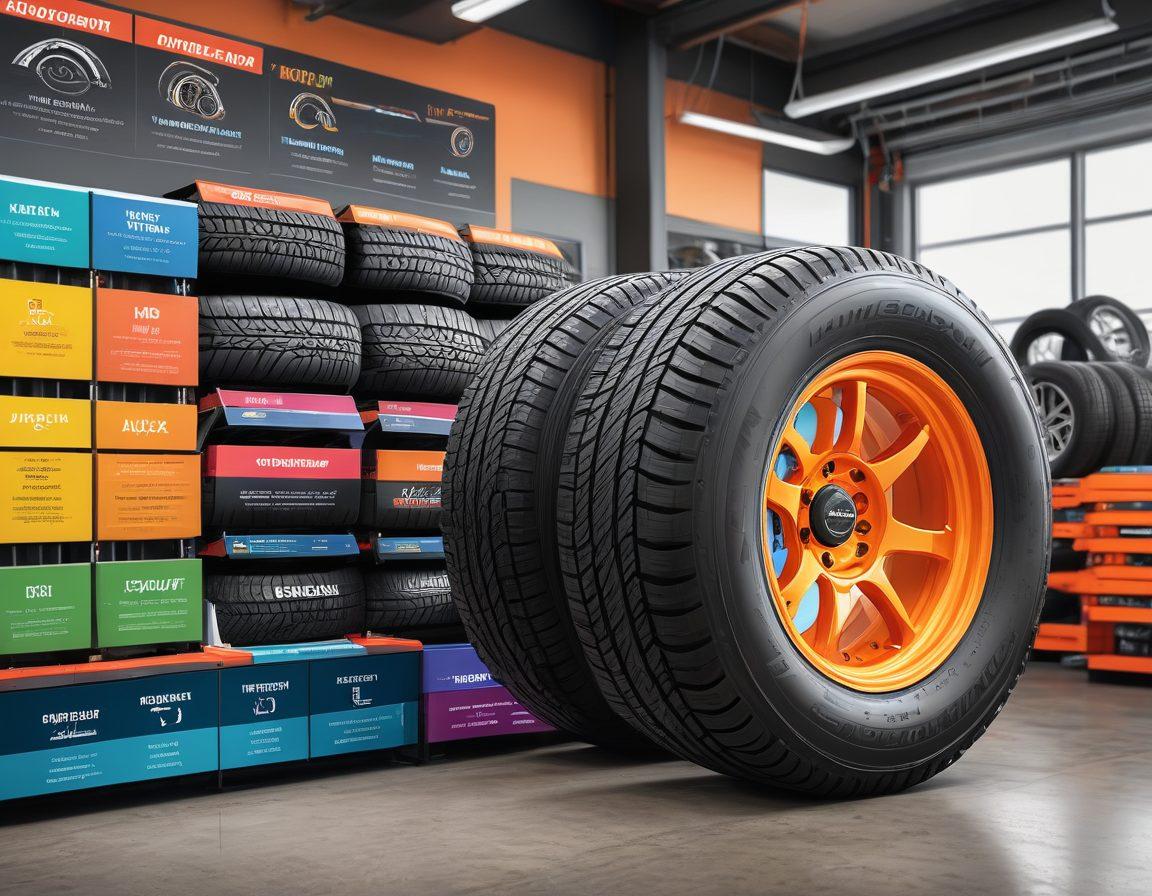 A detailed and visually appealing infographic showcasing various tire types, with expert ratings and insights creatively integrated. Feature a vibrant background of a tire shop environment with tools and charts visible. Include diverse tires labeled with their rankings, and an expert holding a clipboard giving advice. Make the image informative yet engaging, capturing the essence of tire navigation. vector art. vibrant colors. informative style.