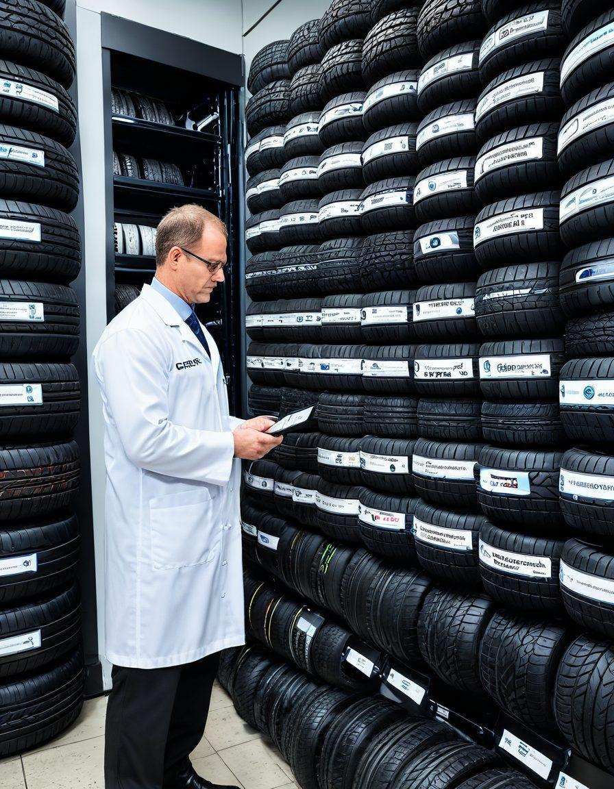 A close-up shot of various tire types arranged neatly, showcasing their tread patterns and labels, with a background that includes a digital dashboard displaying tire ratings and assessments. Emphasize a tire expert in a lab coat closely examining a tire, using high-tech tools. Bright lighting to highlight details, enhancing the educational aspect. super-realistic. vibrant colors.